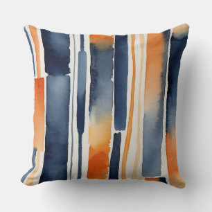 Coussin Bleu orange et blanc rayures abstraites