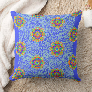 Coussin Bleu Orange Vert Fleur Mandala Boho Réversible