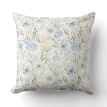 BLEU PASTEL ET COQUILLAGES ET FLEURS BEIGE