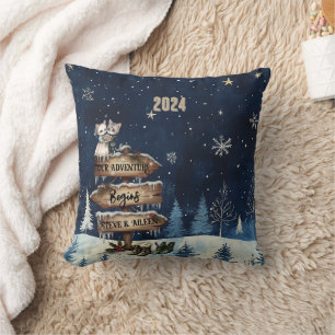 Coussin Bleu Premier Noël Couple Nouveaux Mariés Montagne