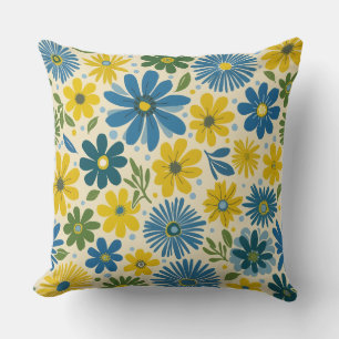 Coussin Bleu rétro et marguerite jaune