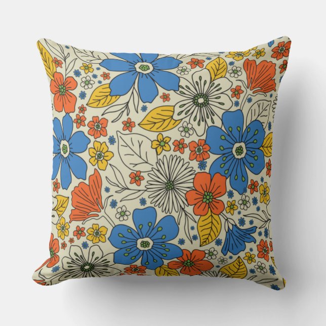 Coussin Bleu rétro, Jaune & Orange Floral (Recto)