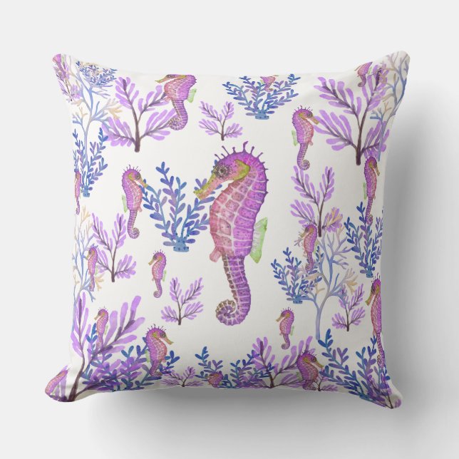 Coussin Bleu rose Purple Hippocampe Corail Plage Côtière (Recto)