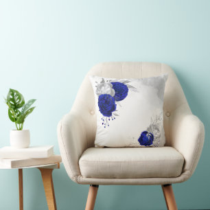 Coussin bleu royal argent floral 