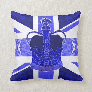 Coussin Bleu royal, drapeau britannique et couronne -