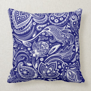 Coussin Bleu royal et blanc Paisley floral vintage