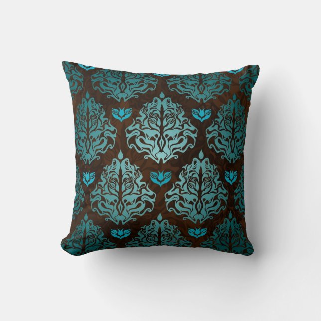 Coussin Bleu royal sur le rétro luxe Brown de damassé (Recto)