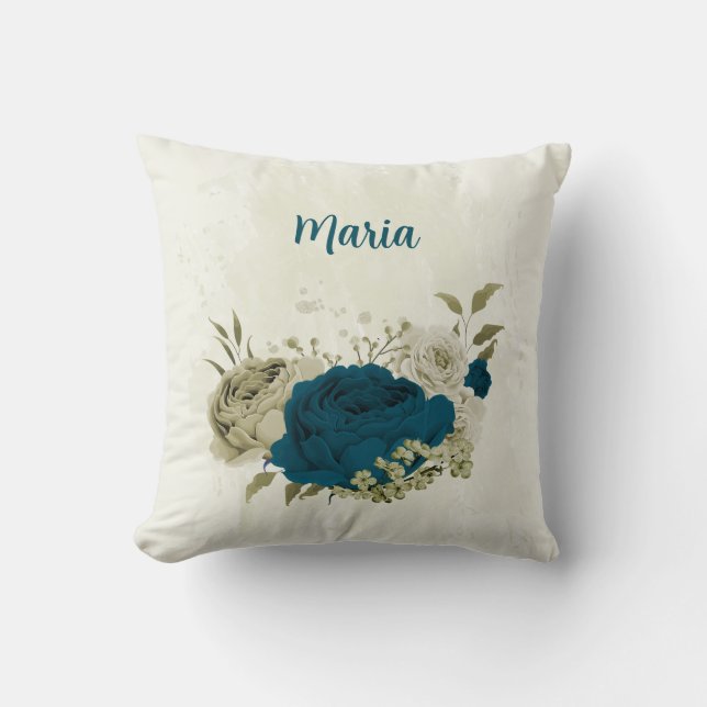 Coussin bleu sarcelle beige floral (Recto)