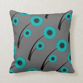 Coussin Bleu sarcelle Gris Noir Floral Fleurs