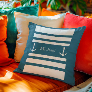 Coussin Bleu sarcelle marine bandes blanches ancre nom