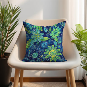 Coussin Bleu sarcelle vert citron floral bohème