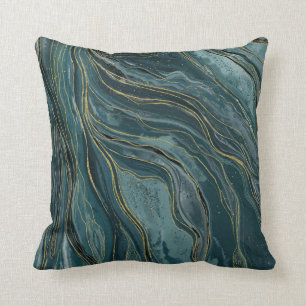 Coussin Bleu sarcelle vert or abstrait vagues aquarelles