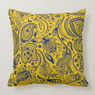 Coussin Bleu Sur Paisson Vintage Jaune