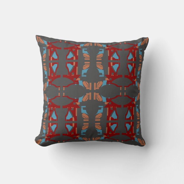 Coussin Bleu Tan Rouge foncé sur Charbon Gros carreaux de  (Recto)