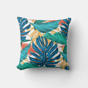 Coussin Bleu tropical feuilles jaunes 