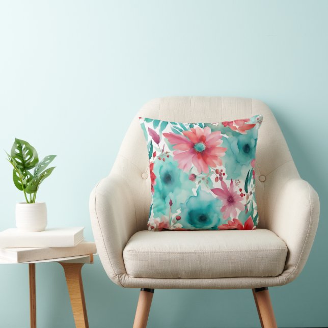 Coussin bleu turquoise Aquarelle rouge Fleurs de printemps (Chaise)