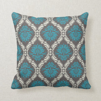 Coussin bleu turquoise crème et marron ravissant damassé