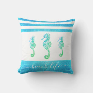 Coussin bleu turquoise ombre 3 hippocampes plage script de