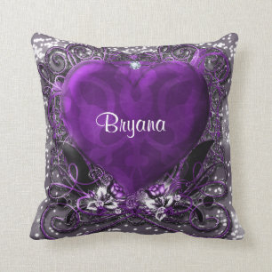 Coussin Bling de flamme de coeur mauve et argent