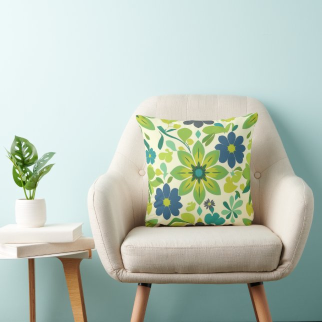Coussin Blue and Green Floral Square Throw Pillow (Chaise)