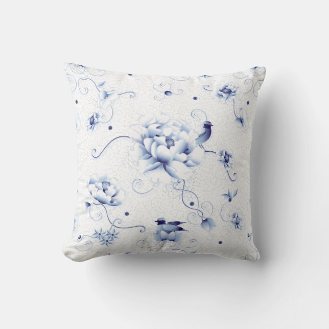 Coussin Blue Bird Rose Chinoiserie Floral (Recto)