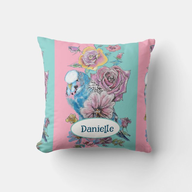 Coussin Blue Budgie Bird Rose Floral Pink Aqua Girls Name (Recto)