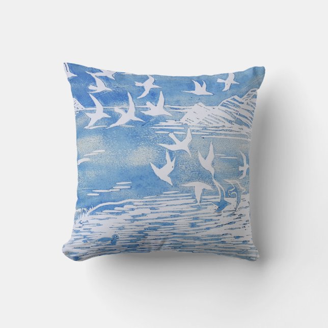 Coussin Blue Coast Birds Moderne Aquarelle Art (Recto)