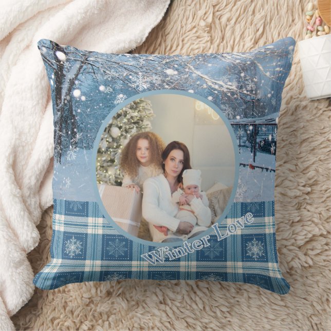 Coussin Blue Cozy Plaid Snowy Winter Photo Christmas  (Couverture)