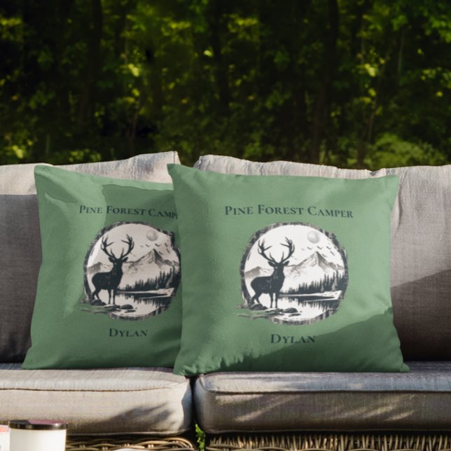 Coussin Blue Deer Woods & Mountains Custom Text & Name (Créateur téléchargé)