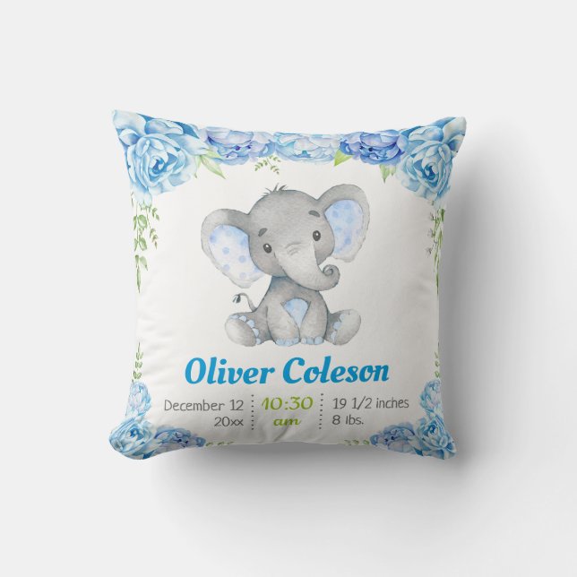 Coussin Blue Elephant Baby Boy Thlow Pillow Nursery Decor (Recto)