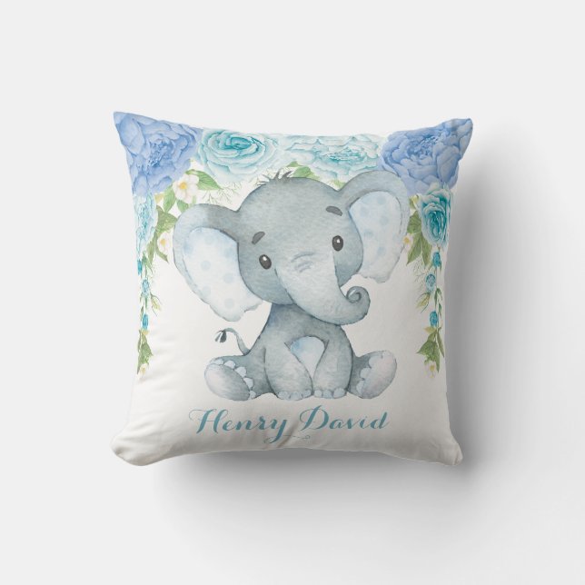Coussin Blue Floral Elephant Jungle Baby Boy Nursery (Recto)