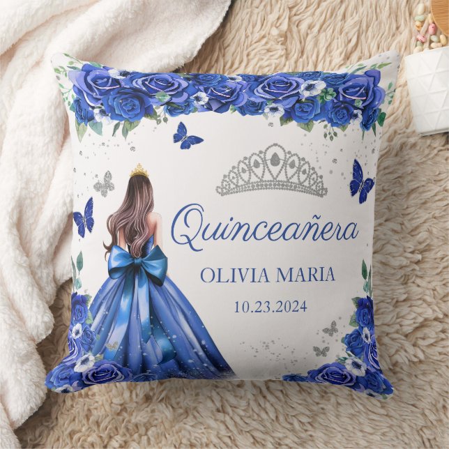 Coussin Blue Floral Silver Princesse Tiara Quinceanera (Couverture)
