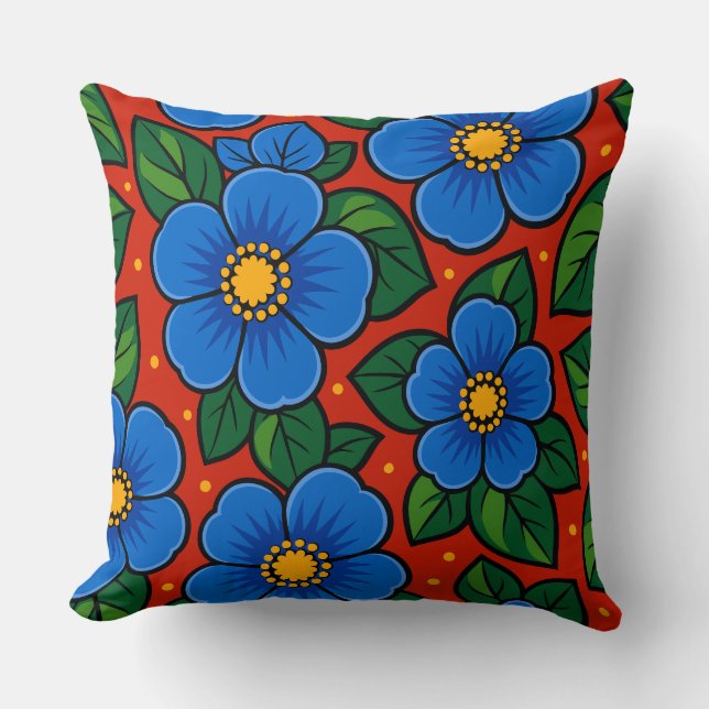 Coussin Blue Flowers and Green Leaves on a Red Background (Recto)