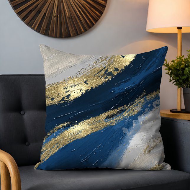 Coussin Blue Gold Abstrait Brushstrokes chic moderne (Créateur téléchargé)