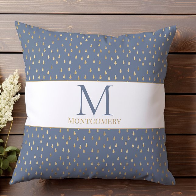 Coussin Blue Gold Raindrop Moderne Monogramme tendance (Créateur téléchargé)