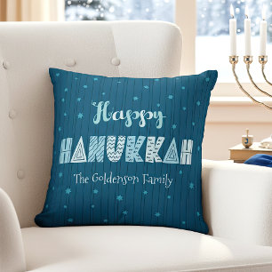 Coussin Blue Happy Hanoukka Typographie Star of David Nom