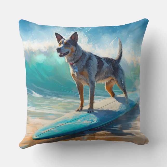 Coussin Blue Heeler Beach Surfing Peinture (Verso)