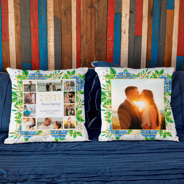 Coussin Blue Hydrangea Gold 25th Anniversary Photo Collage (Créateur téléchargé)