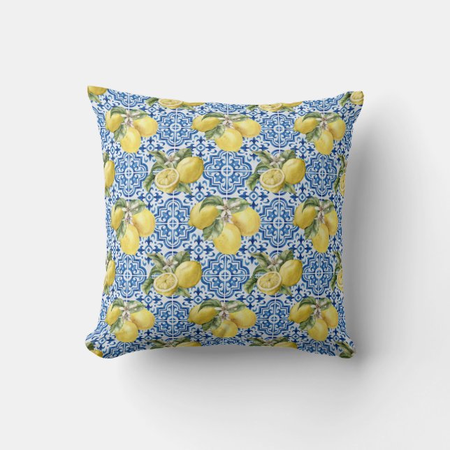 Coussin Blue Mediterranean Tiles Lemon Pattern (Recto)