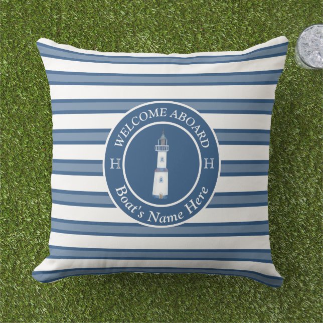 Coussin Blue Nautical Boat Nom Phare Bienvenue à bord (Herbe)