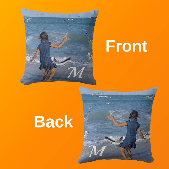 Coussin Blue Ocean Beach Girl Photo Blanc Initiale (Front & Back with Background)
