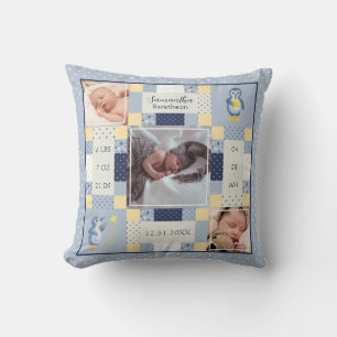 Coussin Blue Penguin Quilt Baby Stats de naissance Personn