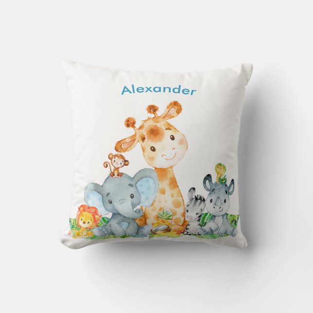 Coussin Blue Watercolor Cute Safari Jungle Animaux (Recto)