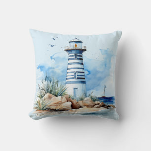 Coussin Blue Watercolor Lighthouse lance l'oreiller