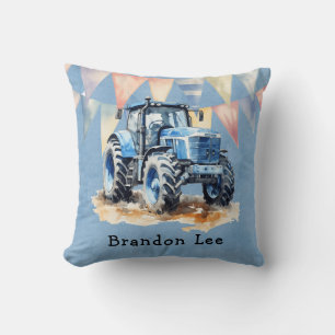 Coussin Blue Watercolor Tractor Boy Baby shower Cadeau