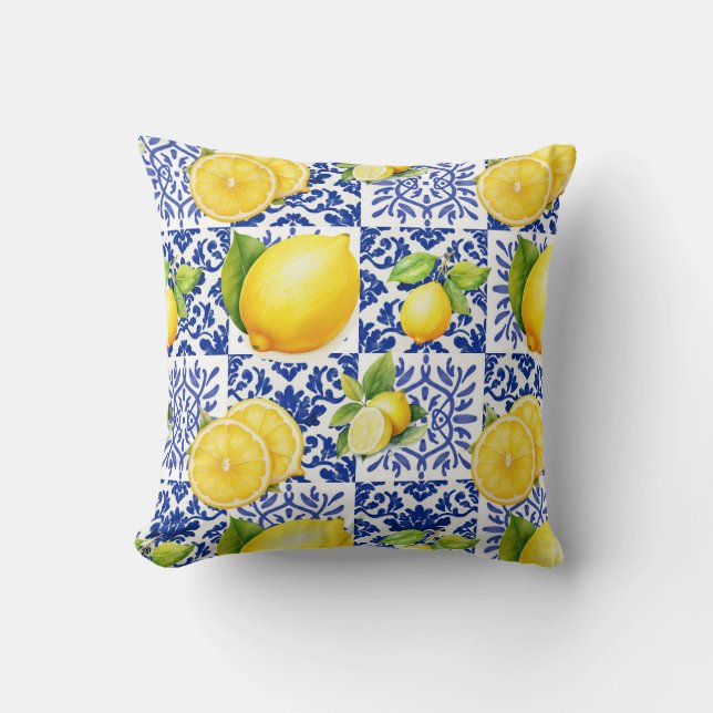 Coussin Blue White Lemon Tile Pattern Mediterranean Citrus (Recto)
