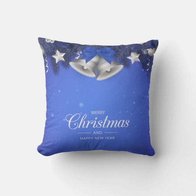 Coussin Blue & White Snowflakes Star Merry Christmas Bell (Recto)