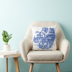 Coussin Blue Willow Rabbit Island White Whimsic Toile