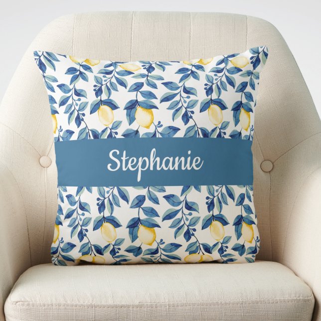 Coussin Blue Yellow Watercolor Lemon Monogram Name (Créateur téléchargé)