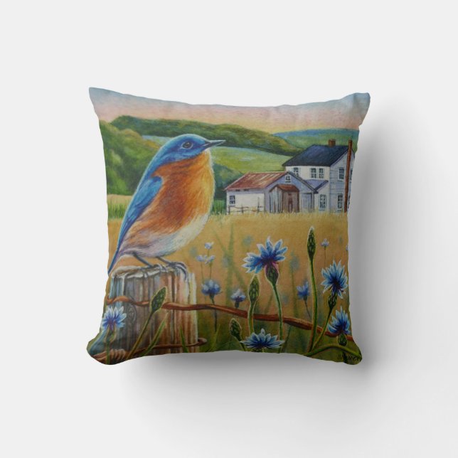 Coussin Bluebird Cornflower Été Ferme d'été Aquarelle Art (Recto)